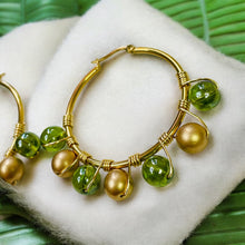 Load image into Gallery viewer, BRYNLEE- Green and Gold Beaded Wire-wrapped Hoop Earrings
