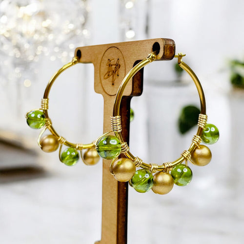 Green Beaded Hoops, Wire wrapped Hoop Earrings