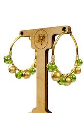 Load image into Gallery viewer, BRYNLEE- Green and Gold Beaded Wire-wrapped Hoop Earrings
