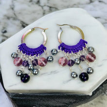 Load image into Gallery viewer, HANIA- Purple and Silver Beaded Crochet Hoop Earrings
