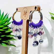 Load image into Gallery viewer, Purple and Silver Hoop Earrings, Beaded Hoop Earrings, Hoop Earrings
