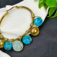 Load image into Gallery viewer, CARA- Light Blue and Gold Beaded Wire-wrapped Hoop Earrings
