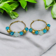 Load image into Gallery viewer, CARA- Light Blue and Gold Beaded Wire-wrapped Hoop Earrings
