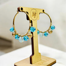 Load image into Gallery viewer, CARA- Light Blue and Gold Beaded Wire-wrapped Hoop Earrings
