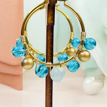 Load image into Gallery viewer, CARA- Light Blue and Gold Beaded Wire-wrapped Hoop Earrings
