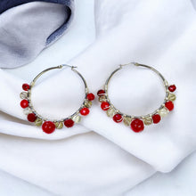 Load image into Gallery viewer, NIKOLA- Red and Silver Multi-colored Beaded Wire-wrapped Hoop Earrings
