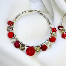 Load image into Gallery viewer, NIKOLA- Red and Silver Multi-colored Beaded Wire-wrapped Hoop Earrings
