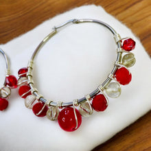 Load image into Gallery viewer, NIKOLA- Red and Silver Multi-colored Beaded Wire-wrapped Hoop Earrings
