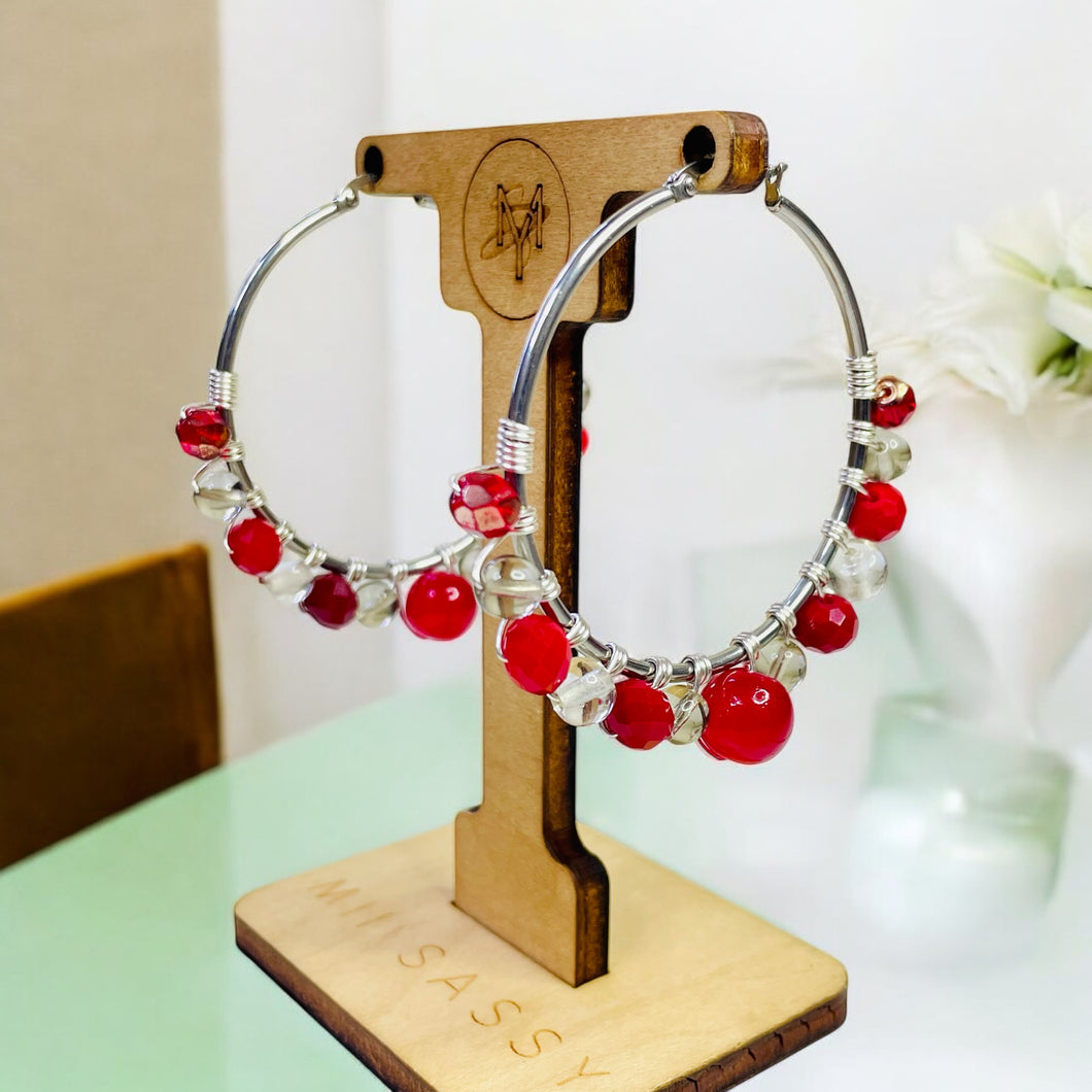 Red and Silver Hoop Earrings, Red Hoop Earrings