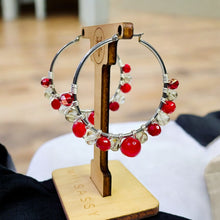 Load image into Gallery viewer, NIKOLA- Red and Silver Multi-colored Beaded Wire-wrapped Hoop Earrings
