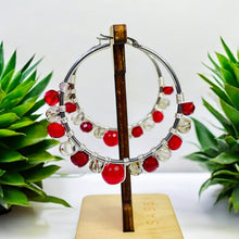 Load image into Gallery viewer, NIKOLA- Red and Silver Multi-colored Beaded Wire-wrapped Hoop Earrings
