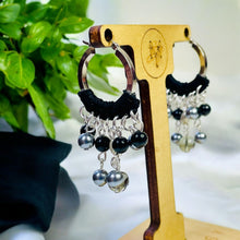 Load image into Gallery viewer, Black and Silver Hoop Earrings, Beaded Hoop Earrings, Hoop Earrings
