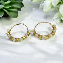 Load image into Gallery viewer, EMILIA- White Pearl and Gold Beaded Wire-wrapped Hoop Earrings
