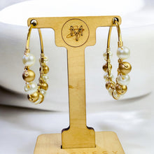 Load image into Gallery viewer, EMILIA- White Pearl and Gold Beaded Wire-wrapped Hoop Earrings
