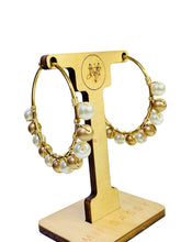 Load image into Gallery viewer, EMILIA- White Pearl and Gold Beaded Wire-wrapped Hoop Earrings
