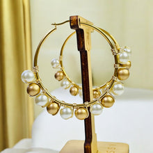 Load image into Gallery viewer, Pearl and Gold Hoop Earrings, White Hoop Earrings
