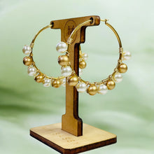 Load image into Gallery viewer, EMILIA- White Pearl and Gold Beaded Wire-wrapped Hoop Earrings
