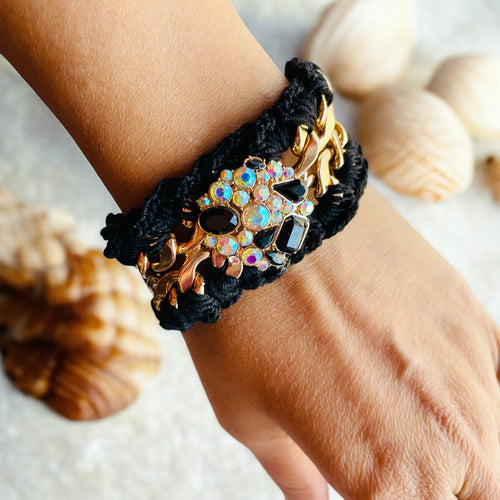 Black and Gold Crochet Bracelet, Boho Jewelry, Cuff Bracelet