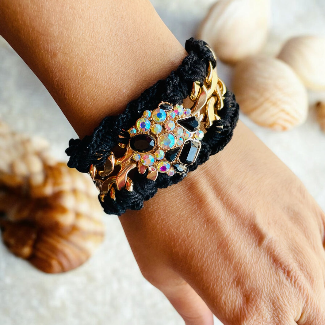 Black and Gold Crochet Bracelet, Boho Jewelry, Cuff Bracelet