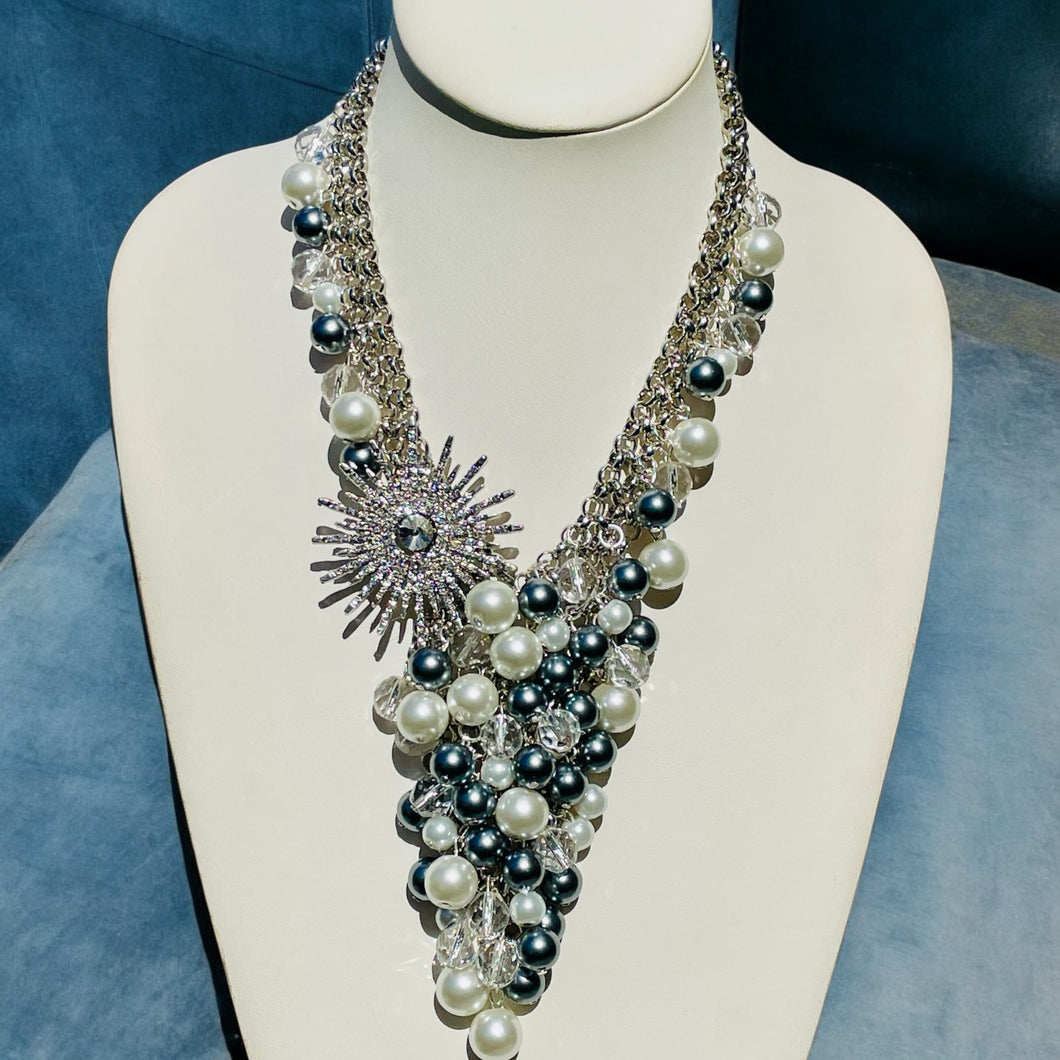 MARINA- Gray and White Pearl Beaded Bib Necklace