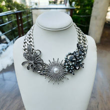 Load image into Gallery viewer, Black and Silver Statement Necklace, Pearl Necklace, Flower Necklace 
