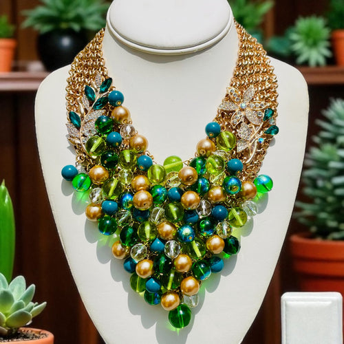 Colorful beaded necklace on a mannequin bust with plants in the background