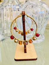 Load image into Gallery viewer, Red, Amber, Gold Wire wrapped hoop earrings
