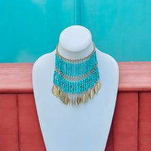 Load image into Gallery viewer, TAEVIA- Turquoise and Gold Beaded Fringe Choker Necklace
