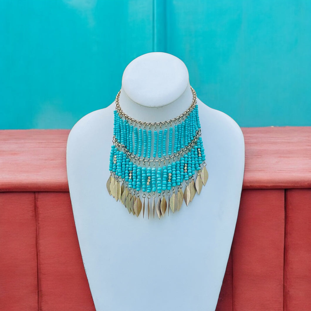 TAEVIA- Turquoise and Gold Beaded Fringe Choker Necklace