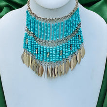 Load image into Gallery viewer, Turquoise and Gold Choker, Choker Necklace, Fringe Necklace, Blue Beaded Necklace
