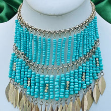 Load image into Gallery viewer, TAEVIA- Turquoise and Gold Beaded Fringe Choker Necklace
