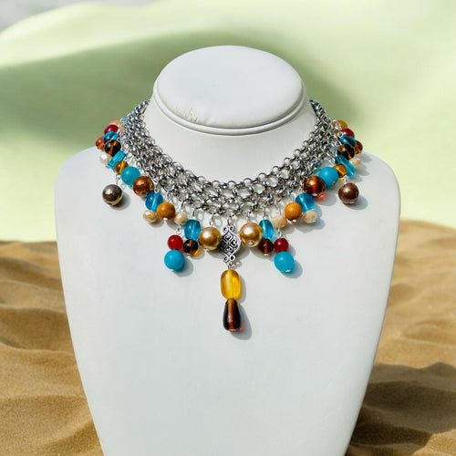 Turquoise and Amber Choker Necklace, Choker Necklace