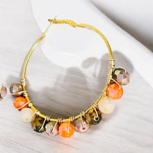 Load image into Gallery viewer, DINA- Orange and Brown Gold Multi-colored Beaded Wire-wrapped Hoop Earrings
