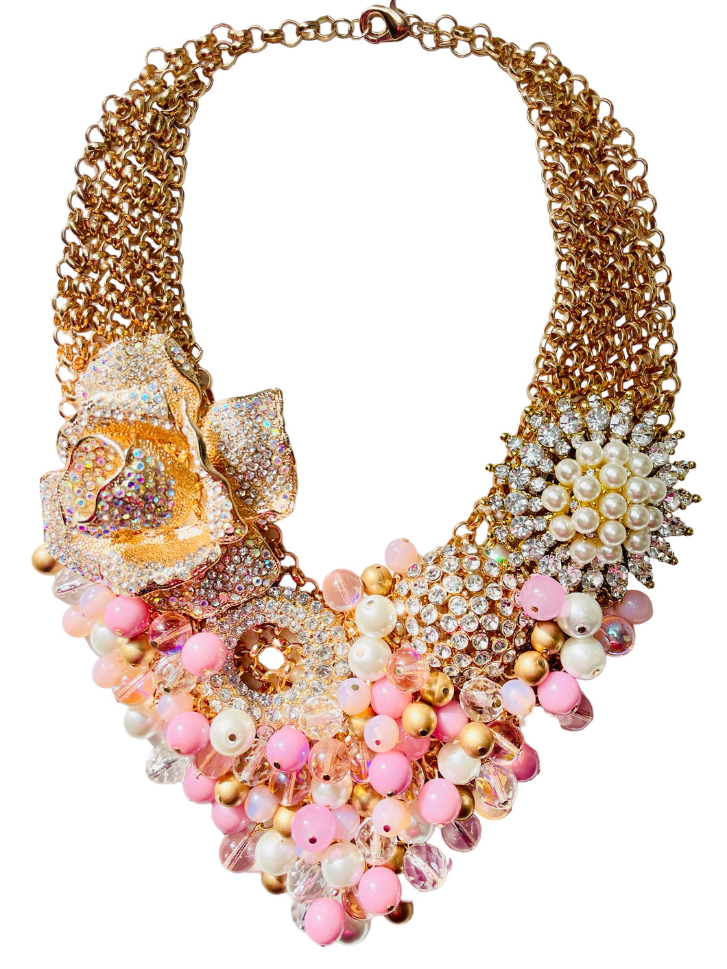 Pink Multi color Necklace, Bib Necklace, Pink and Pearl Necklace, Bridal Necklace